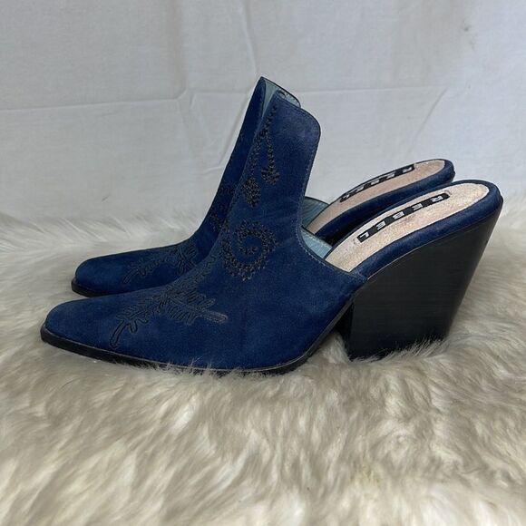 Rebel Ava Navy Suede Embroidered Chunky Heel Mules Sz 7 WIDE WIDTH - Picture 5 of 7